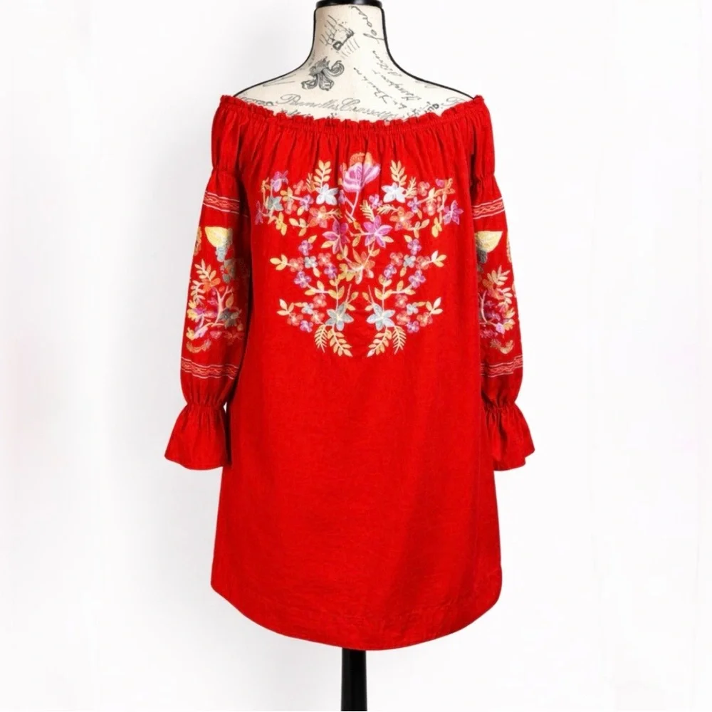 Free People Fleur Du Jour Enchanted Garden Off Shoulder Embroidered Dress XS💛